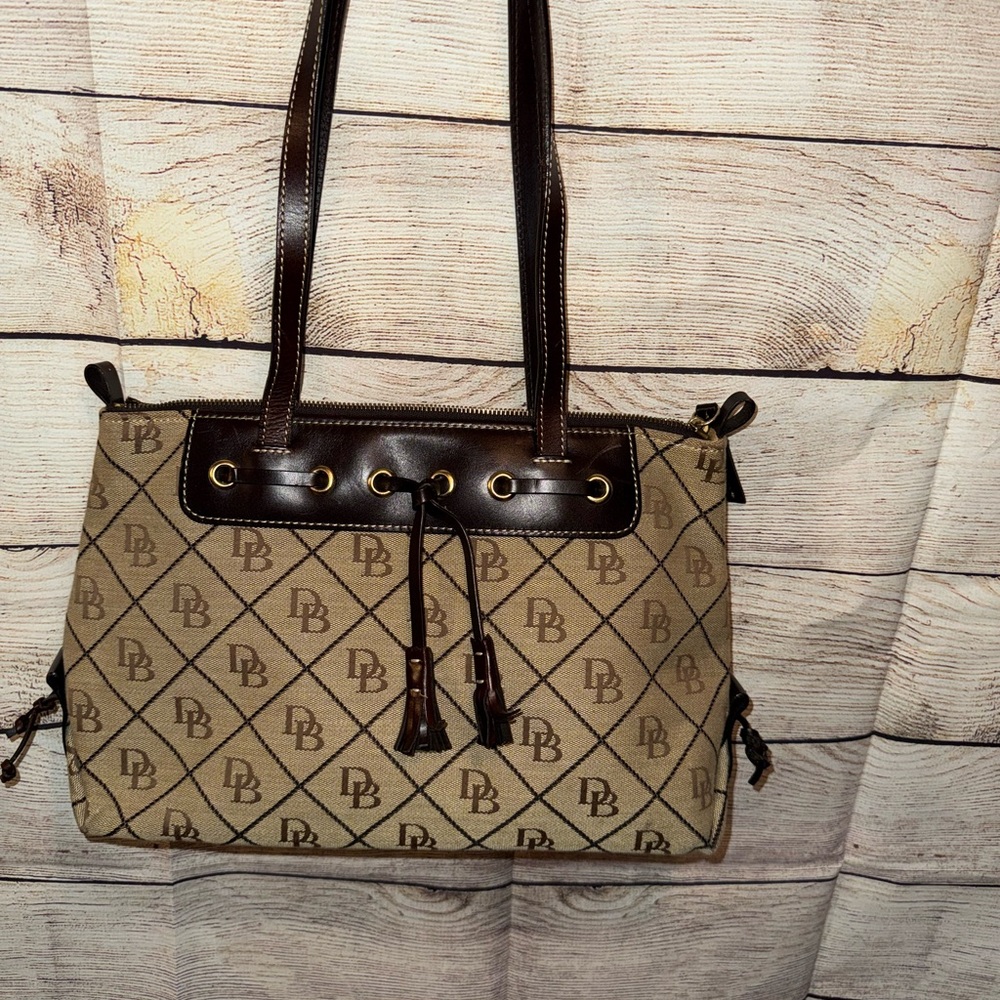 Dooney & Bourke Brown and Tan Shoulder Bag with Monogram Print